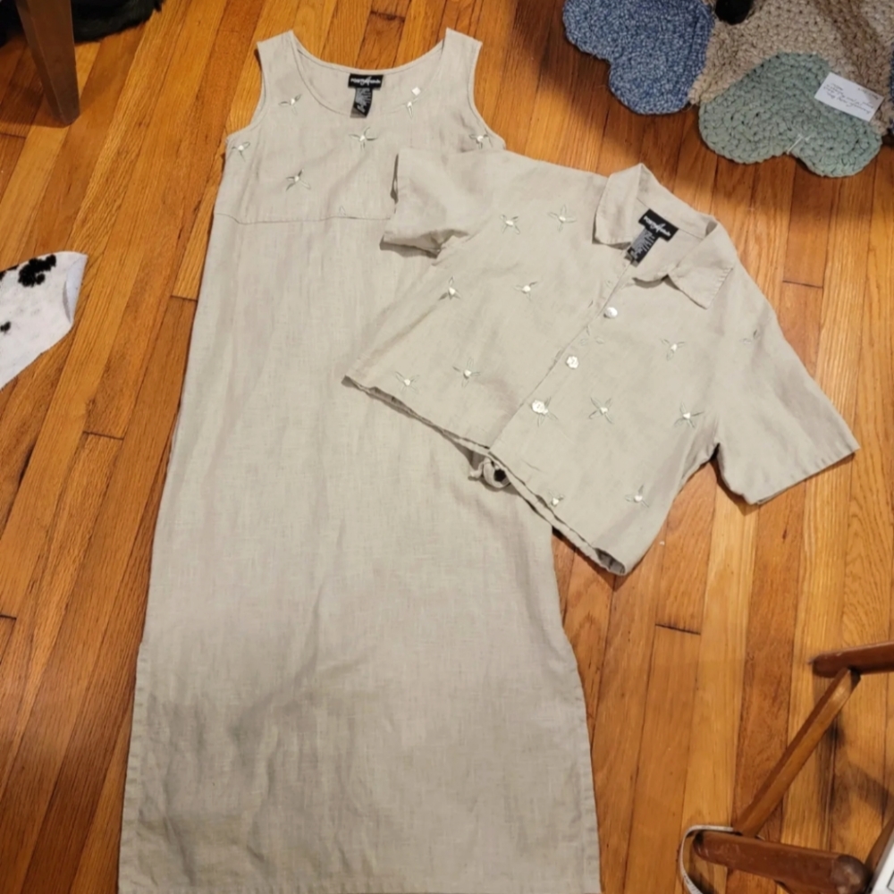 Tan linen dress and jacket set, Positive Attitude brand